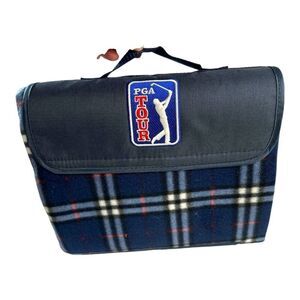 PGA Tour Plaid Picnic Blanket With Carry Handle Waterproof Backing Blue Stadium